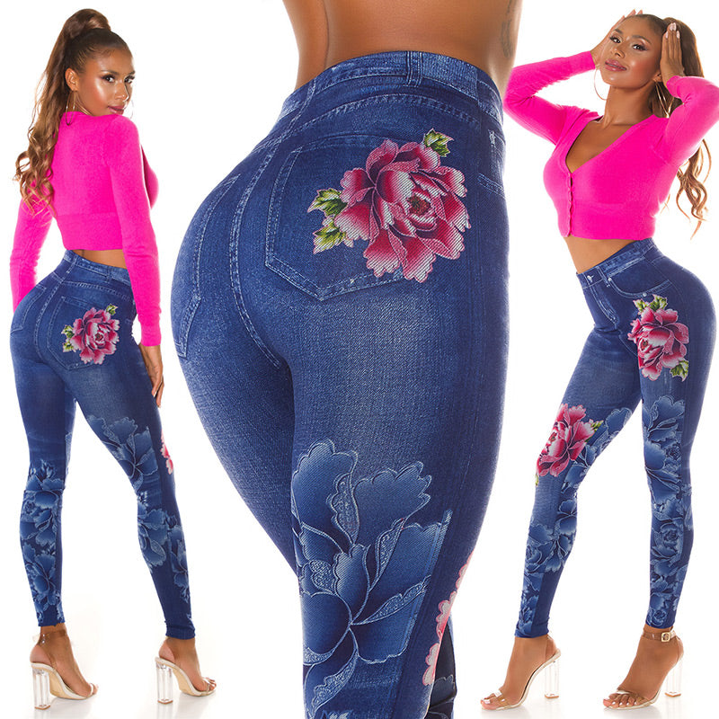Seksowne legginsy Jeanslook z kwiatowym nadrukiem