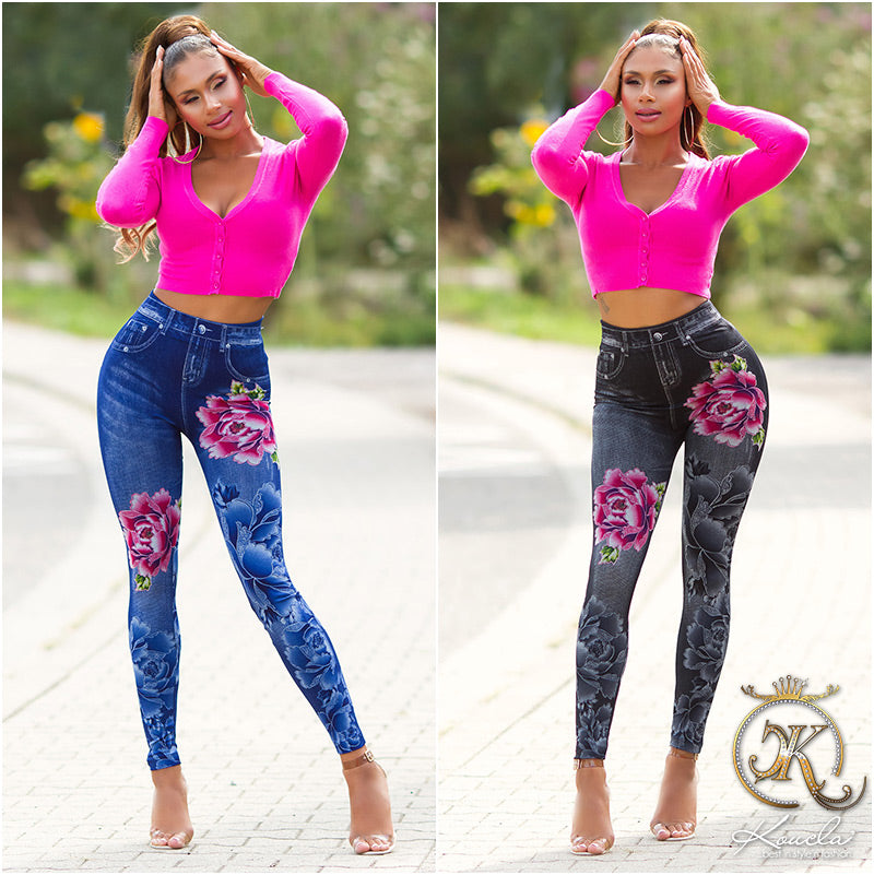 Seksowne legginsy Jeanslook z kwiatowym nadrukiem