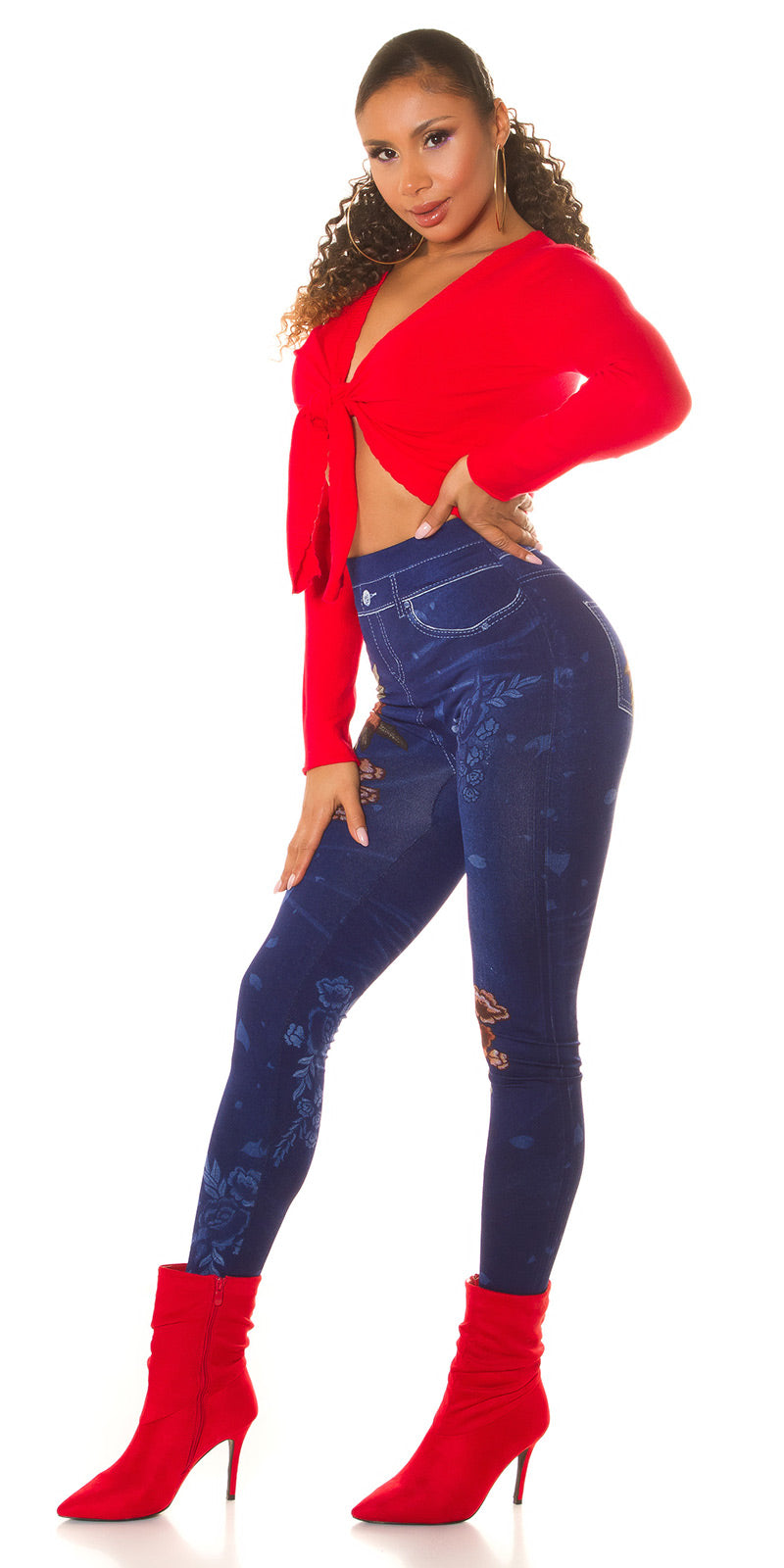 Seksowne legginsy Jeanslook z kwiatowym nadrukiem