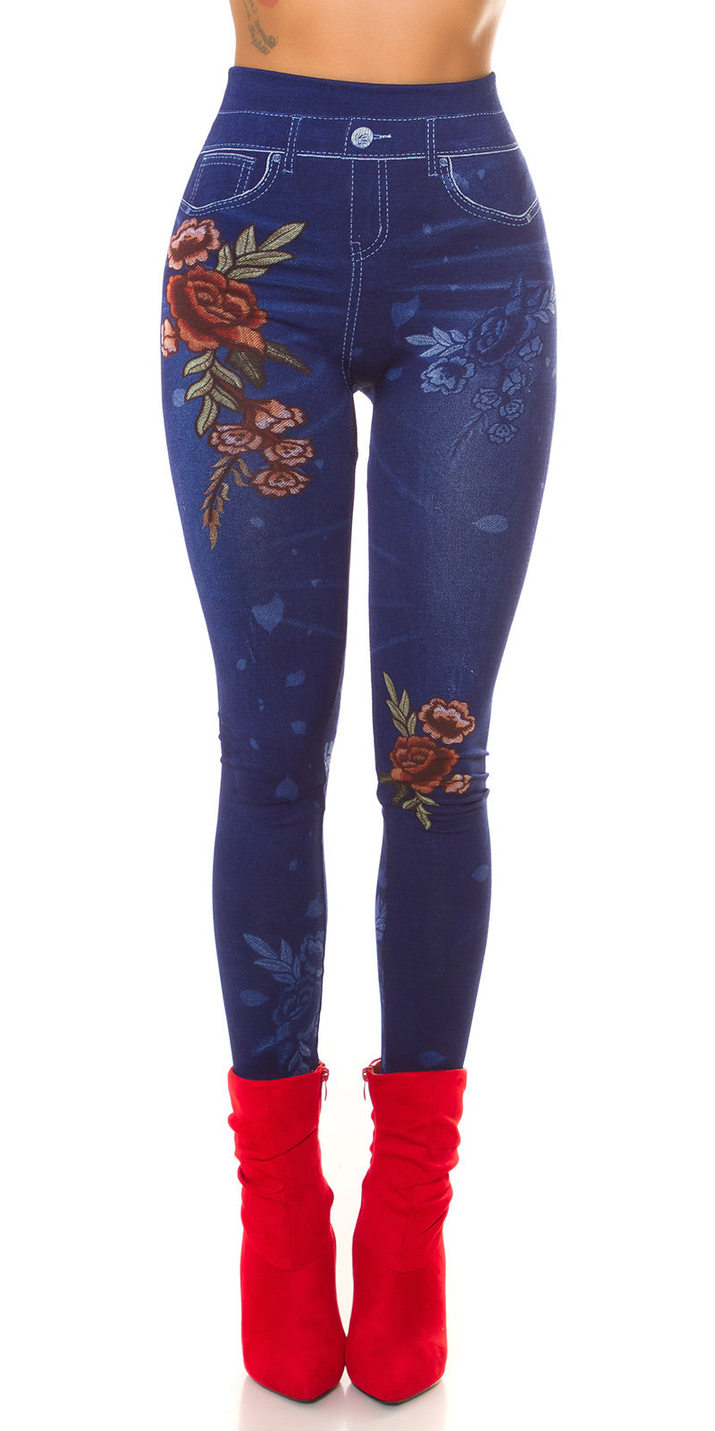 Seksowne legginsy Jeanslook z kwiatowym nadrukiem