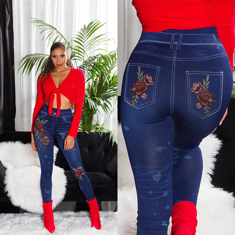Seksowne legginsy Jeanslook z kwiatowym nadrukiem