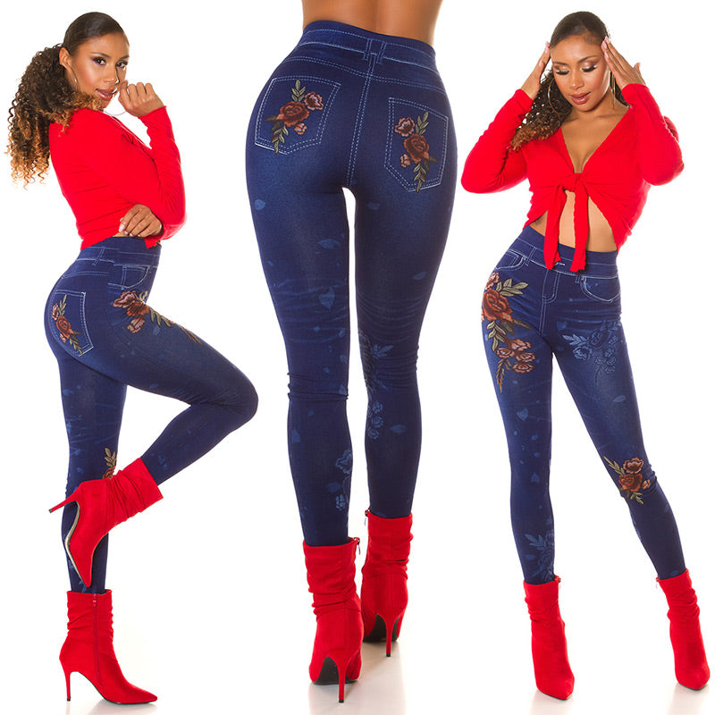 Seksowne legginsy Jeanslook z kwiatowym nadrukiem
