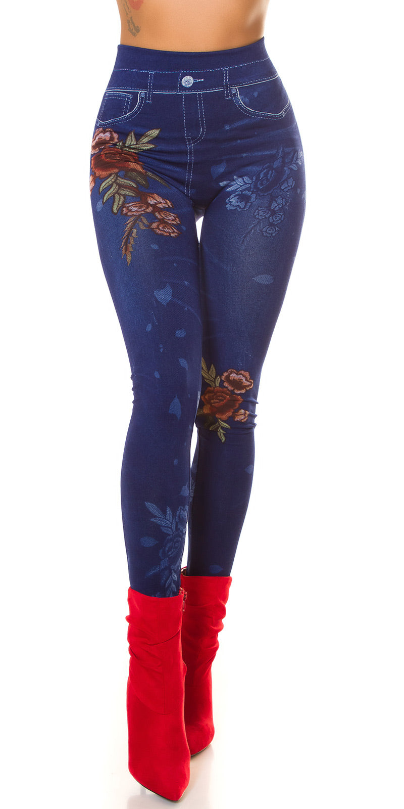 Seksowne legginsy Jeanslook z kwiatowym nadrukiem