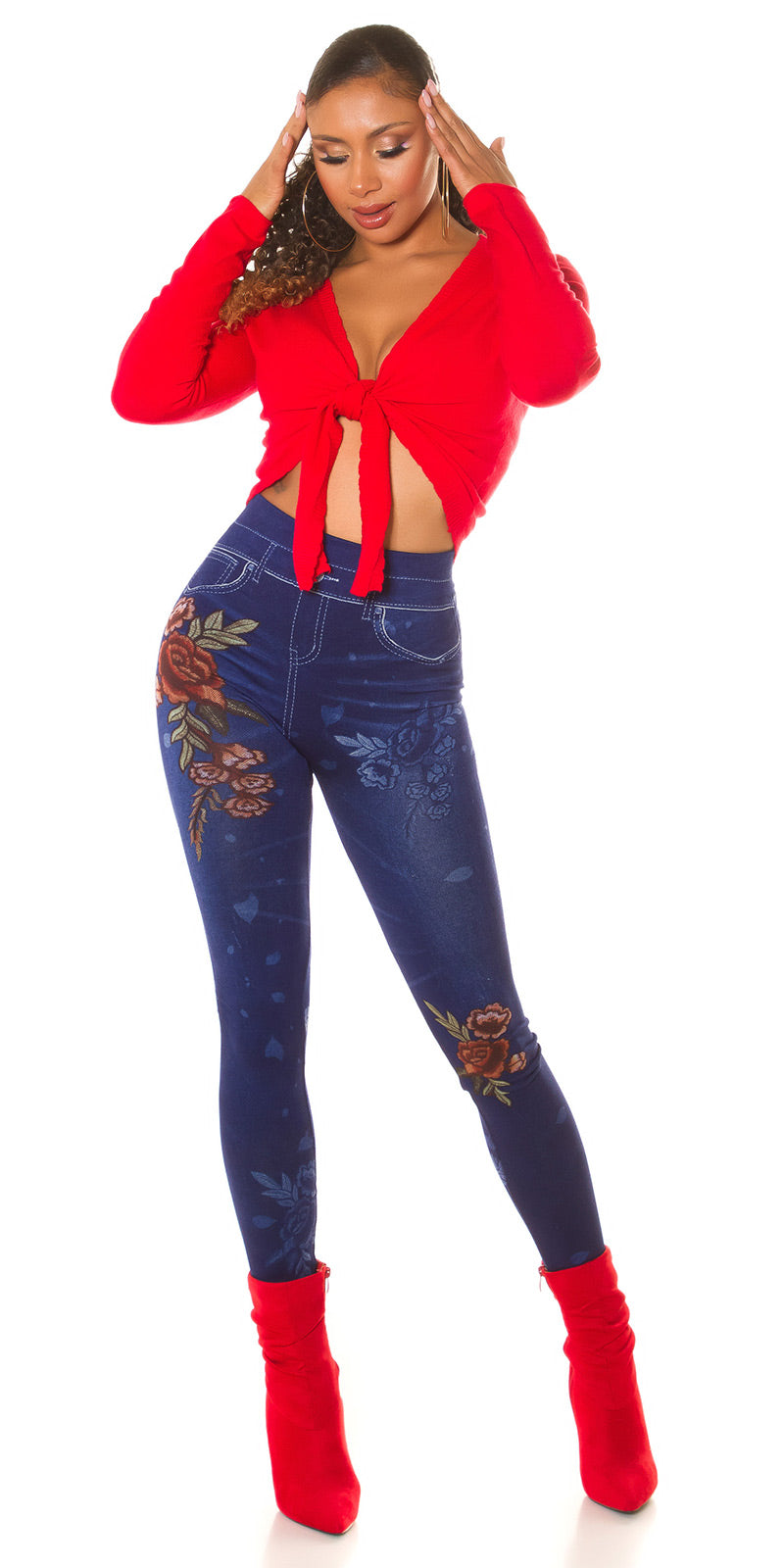Seksowne legginsy Jeanslook z kwiatowym nadrukiem