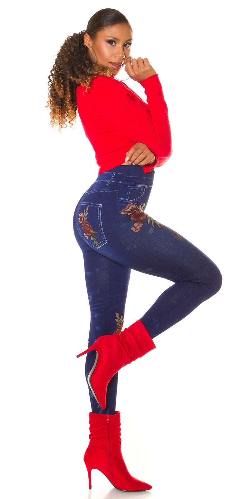 Seksowne legginsy Jeanslook z kwiatowym nadrukiem