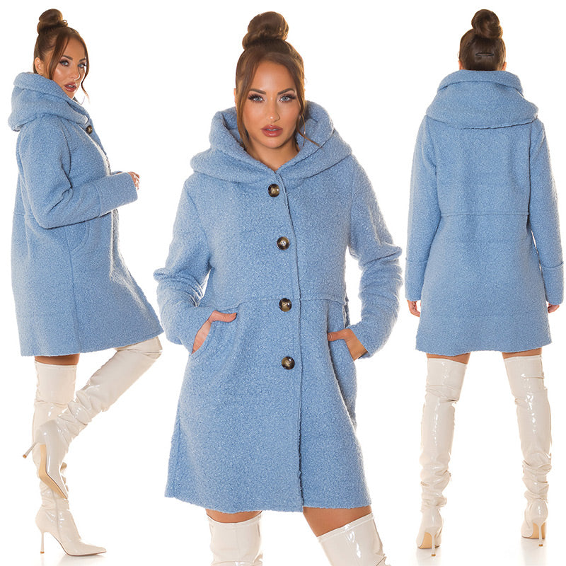 Piękny płaszcz Boucle Look z kapturem