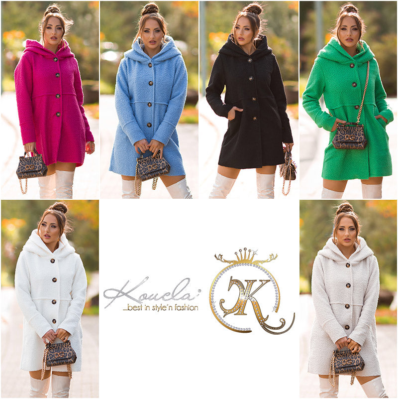 Piękny płaszcz Boucle Look z kapturem