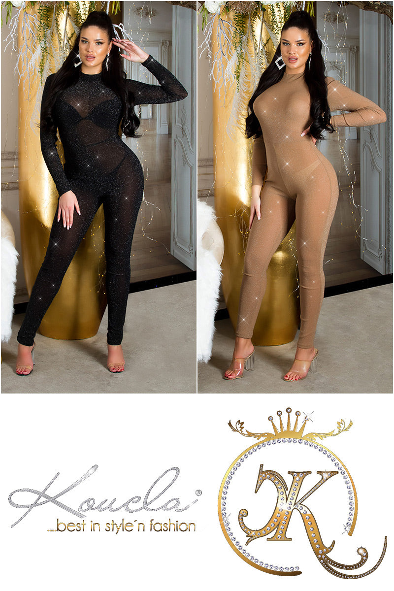 Tak sexy! Prześwitujący kombinezon KimK. LooK brokatowy kombinezon