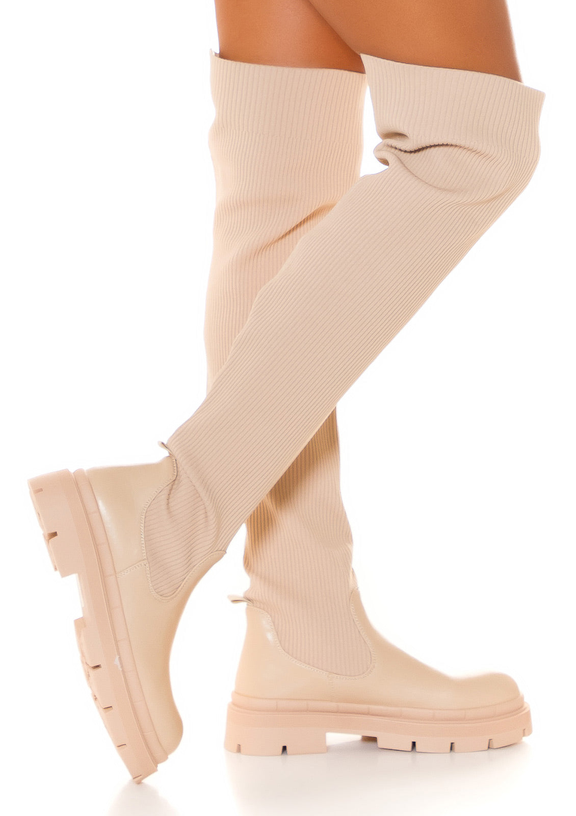 Modne płaskie buty za kolano w prążki Musthave