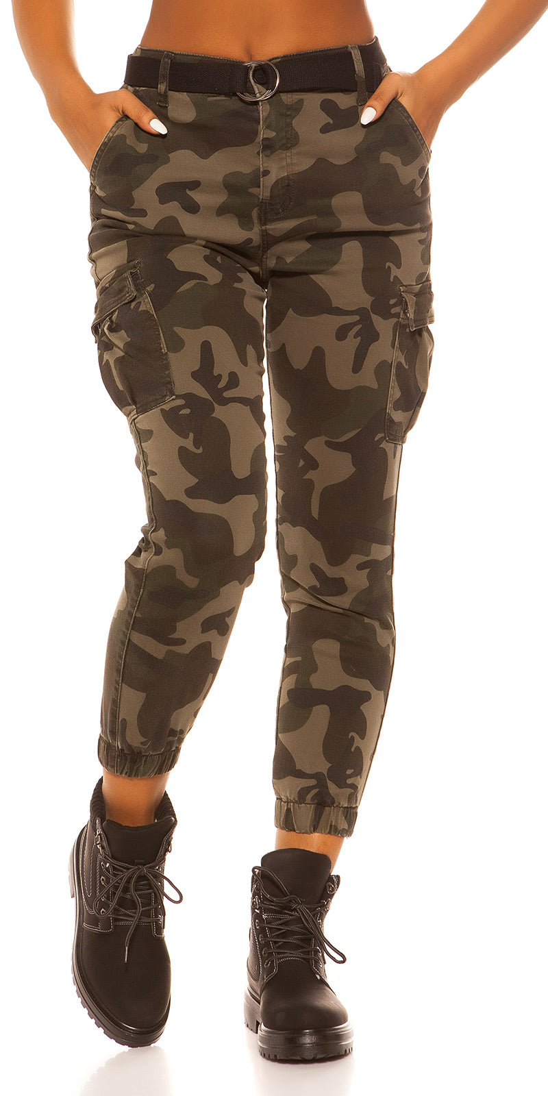 Modne jeansy Cargo w kamuflażu z paskiem
