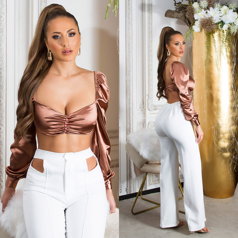 Seksowny top z długim rękawem Satin Look