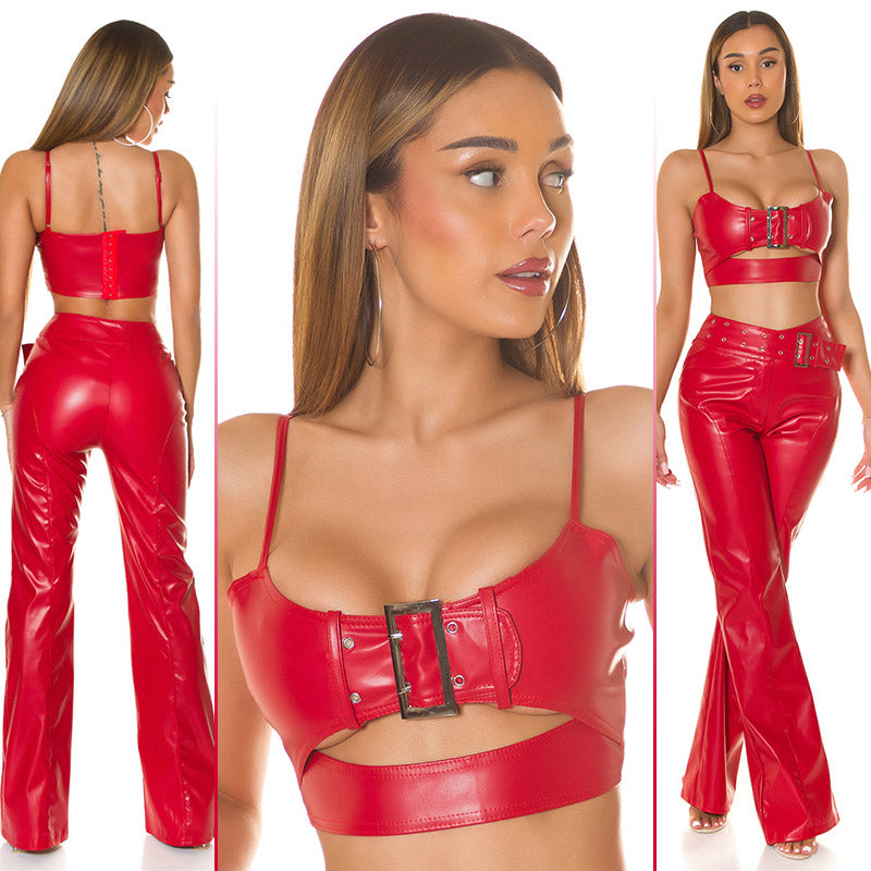 Seksowny Crop Top ze sztucznej skóry z klamrą