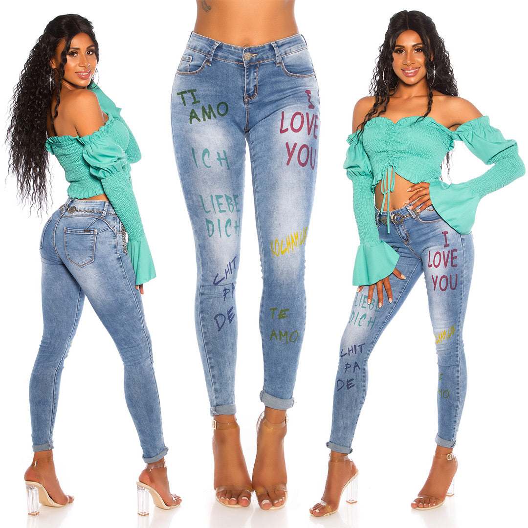 Modne jeansy skinny "international love"