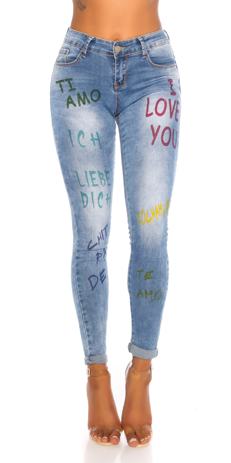 Modne jeansy skinny "international love"